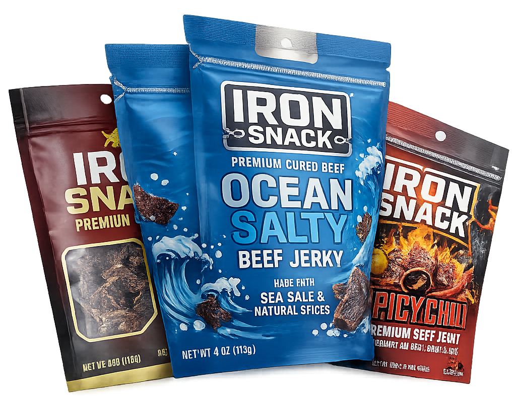 Assorted STEAK FUEL air-cured biltong bags showcasing multiple flavors in one lineup.