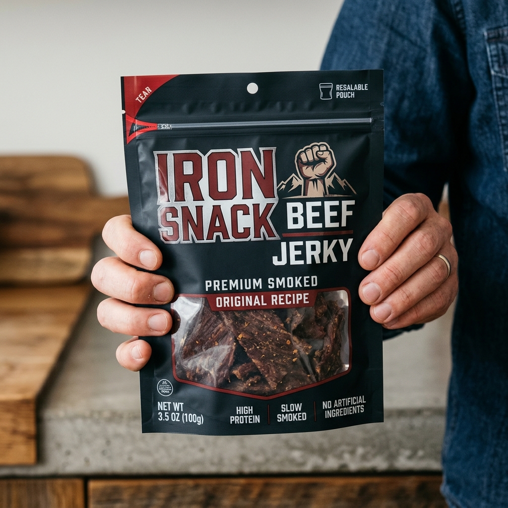 Hand holding a bag of FEED THE IRON. Air-Cured Biltong against a clean background.