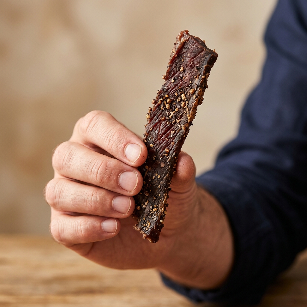 Hand holding a single FEED THE IRON. Air-Cured Biltong piece close-up.