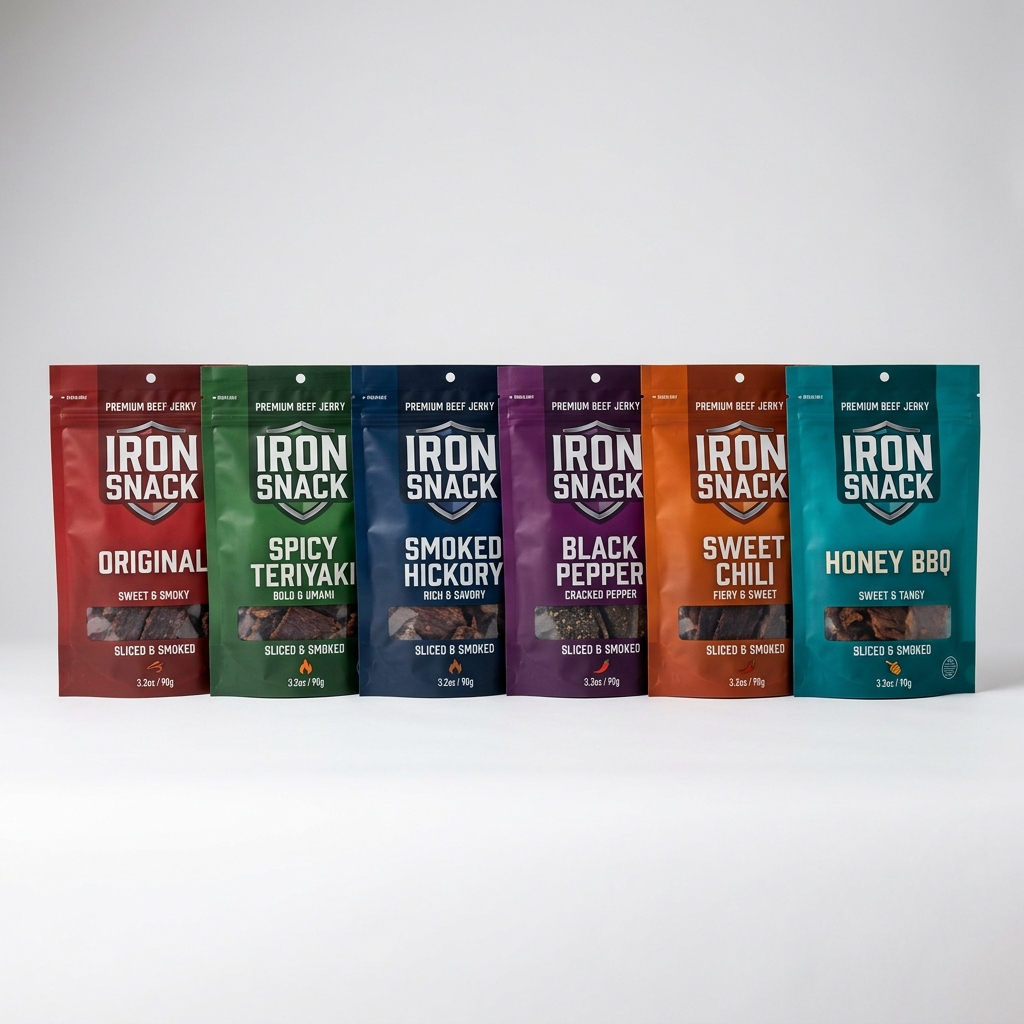 FEED THE IRON. Air-Cured Biltong packs lineup featuring premium protein snacks.