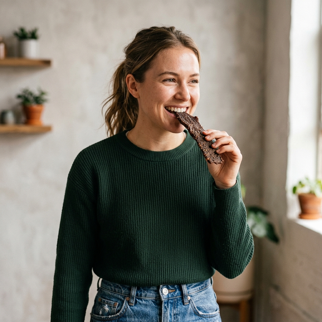 Studio portrait of a woman eating premium Air-Cured Biltong.