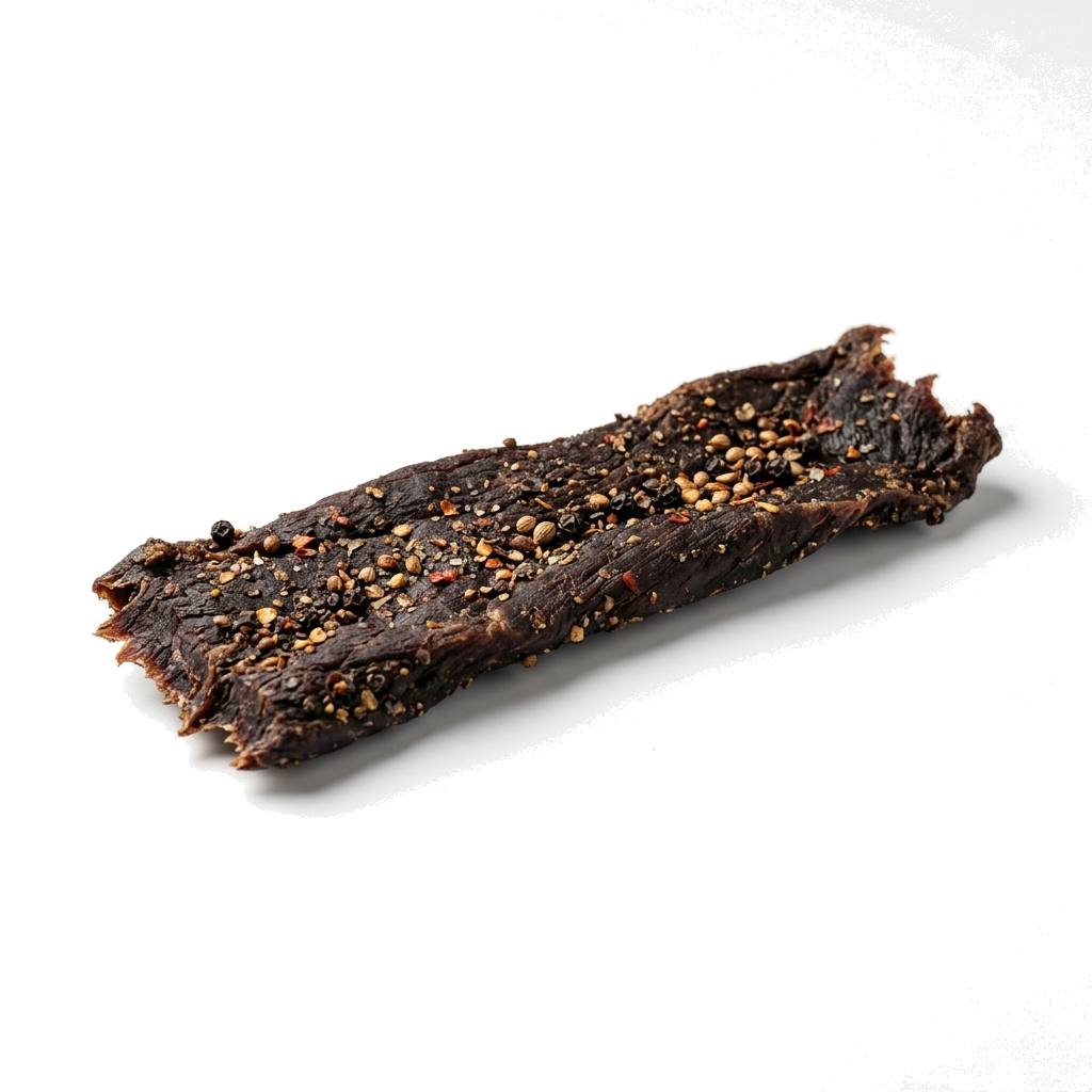 Single FEED THE IRON. Air-Cured Biltong piece photographed on a clean neutral background.