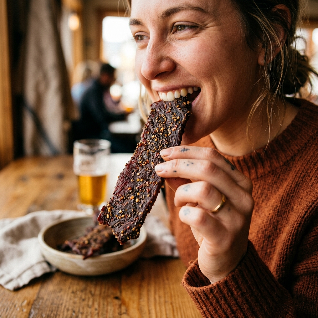Side view close-up of a person eating premium Air-Cured Biltong.