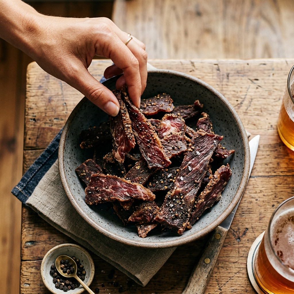 Person holding a bowl of premium Air-Cured Biltong while snacking.