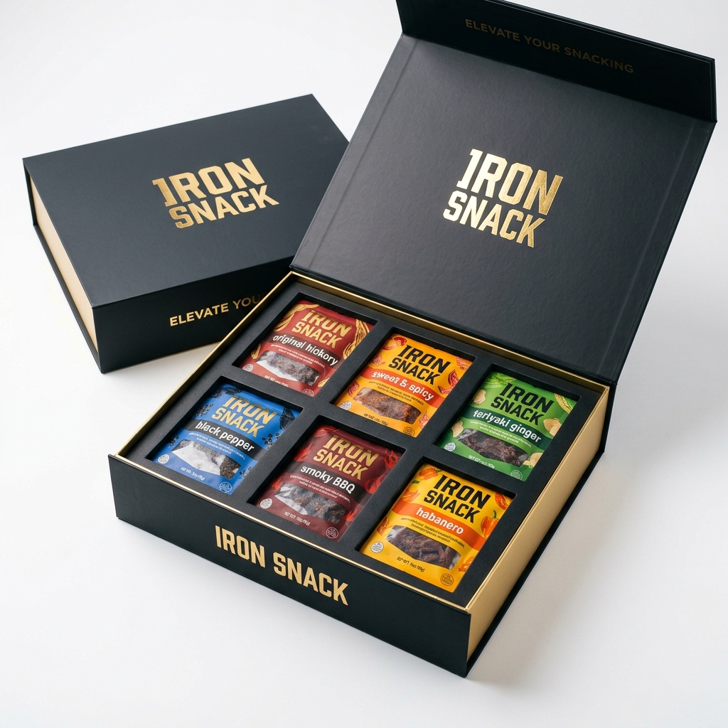 Open FEED THE IRON.ed box showing Air-Cured Biltong packaging inside.
